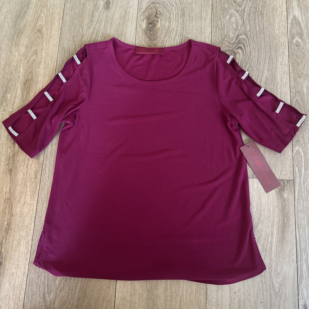 Love Scarlett Women's Petite Peek A Boo Rhinestone Sleeve Blouse Size PS